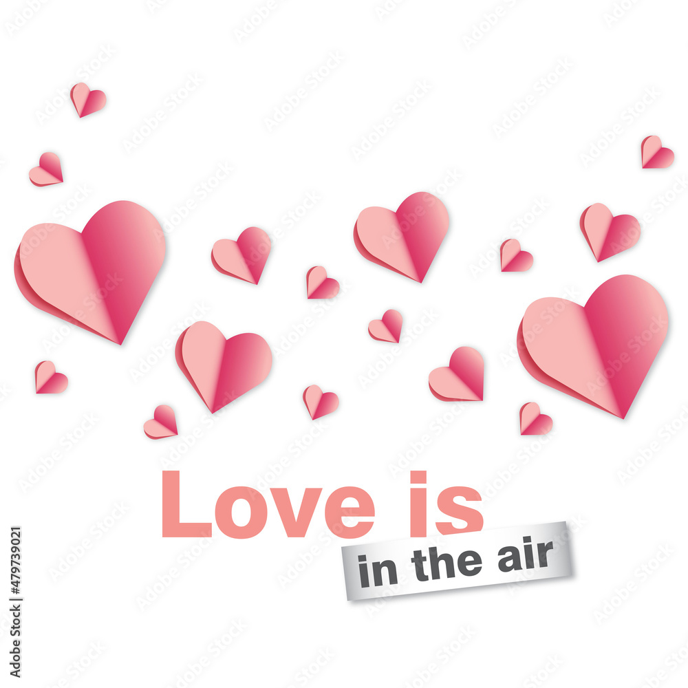 Vector postcard Valentines Day, pink vector papercut hearts, romantic vector postcard