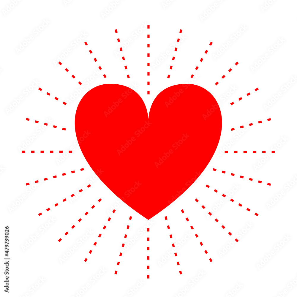 Heart sun line icon. Red shining heart. Happy Valentines Day. Hearts with rays. Dash line. Sunburst starburst circle. Love sign symbol. Flat design. Isolated White background.