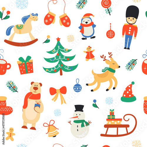 Bright seamless pattern with Christmas illustrations. Cute characters and elements: deer, tree, penguin, toy horse, gifts and more. Vector illustration.