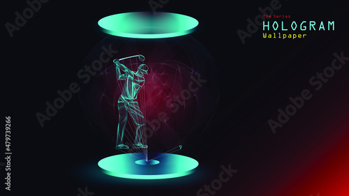 The series of hologram wallpaper. Action figure of a golf player on light projection.