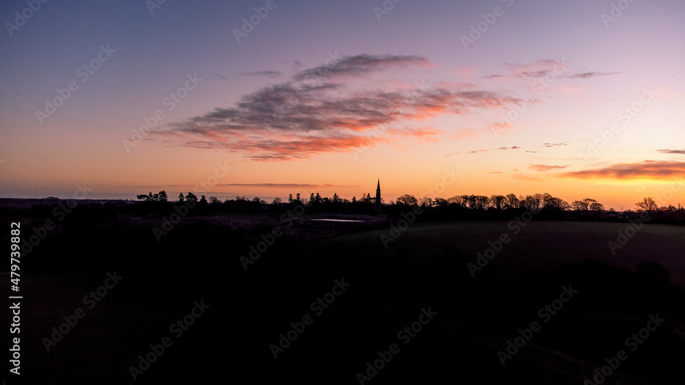 Sunrise over the village of Great Finborough in rural Suffolk, UK