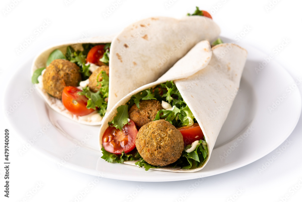 Tortilla wrap with falafel and vegetables isolated on white background Tortilla wrap with falafel and vegetables isolated on white background