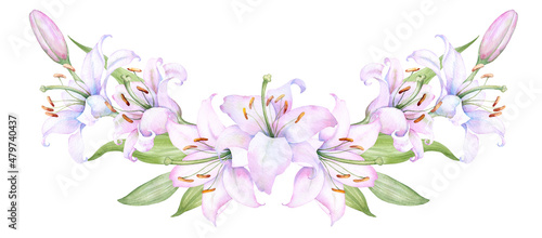 Bouquet white lilies, pink lilies, flowers and buds watercolor flower arrangement © babanova