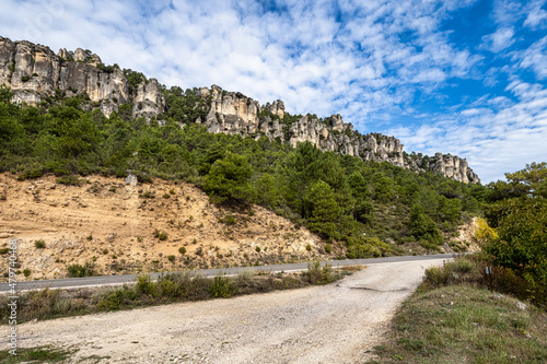 The karstic cliffs in large lagoon of Tobar in Beteta, Cuenca, Castilla la Mancha, Spain