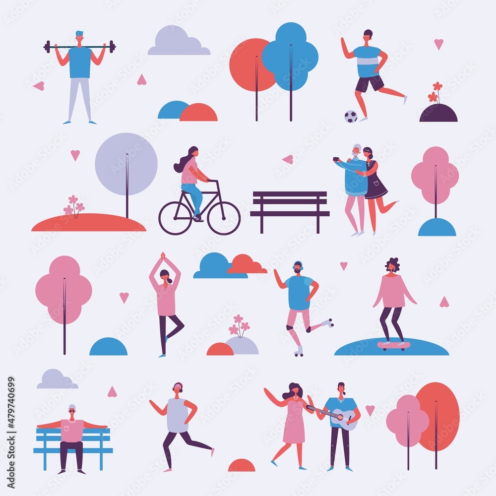 People in park icons collection, trees and benches lantern illuminating light, couples having fun walking, playing tennis vector illustration People in park icons collection, trees and benches lantern illuminating light, couples having fun walking, playing tennis vector illustration