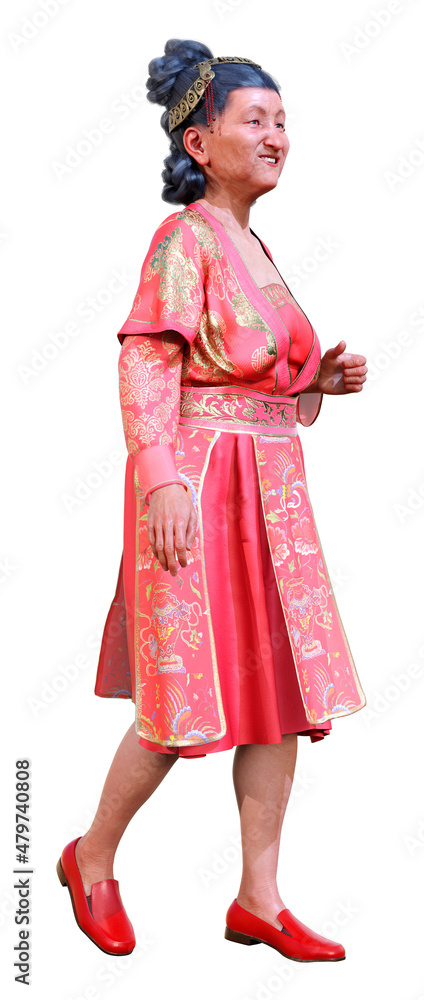 3D Rendering Asian Senior Woman on White