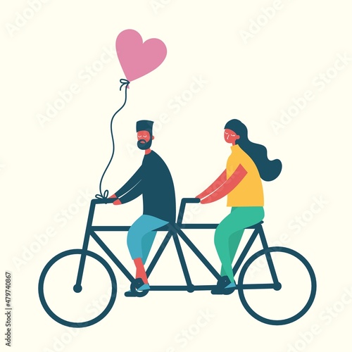Couple riding tandem bicycle isolated. Walking, sports, traveling. Flat design vector illustration.