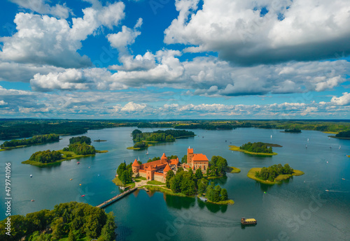Aerial view of Trakai Island Castle - a medieval gothic castle located in Lithuania, on an island in Lake Galve. The construction begun in the 14th century and around 1409 major works were completed photo