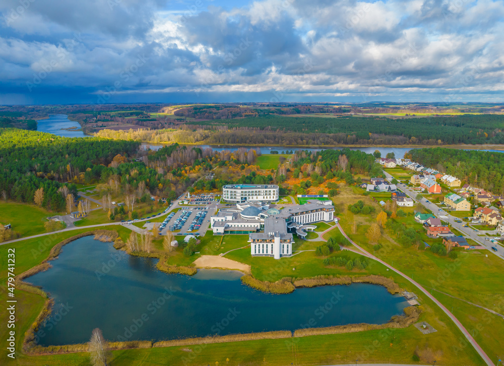 Aerial view of Birstonas city wich is located on the shore of Nemunas river in Lithuania. Small SPA resort with natural mineral waters.