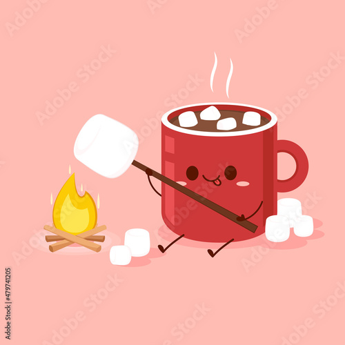 Pile of marshmallows on Cocoa. Cocoa with marshmallows in a red cup. A mug of hot chocolate or cocoa in which marshmallows. Flat vector illustration. Dessert character design.