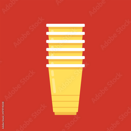 Yellow party cup isolated on red background, vector illustration. Yellow beer cup vector. Beer pong.