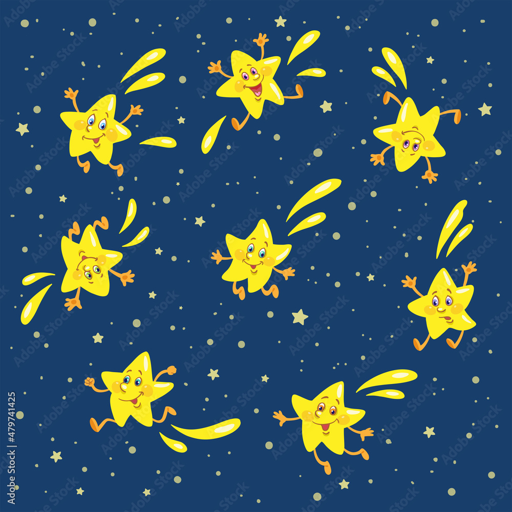 Night sky and dancing stars on it. In cartoon style. Isolated on a dark blue background. Vector flat illustration.