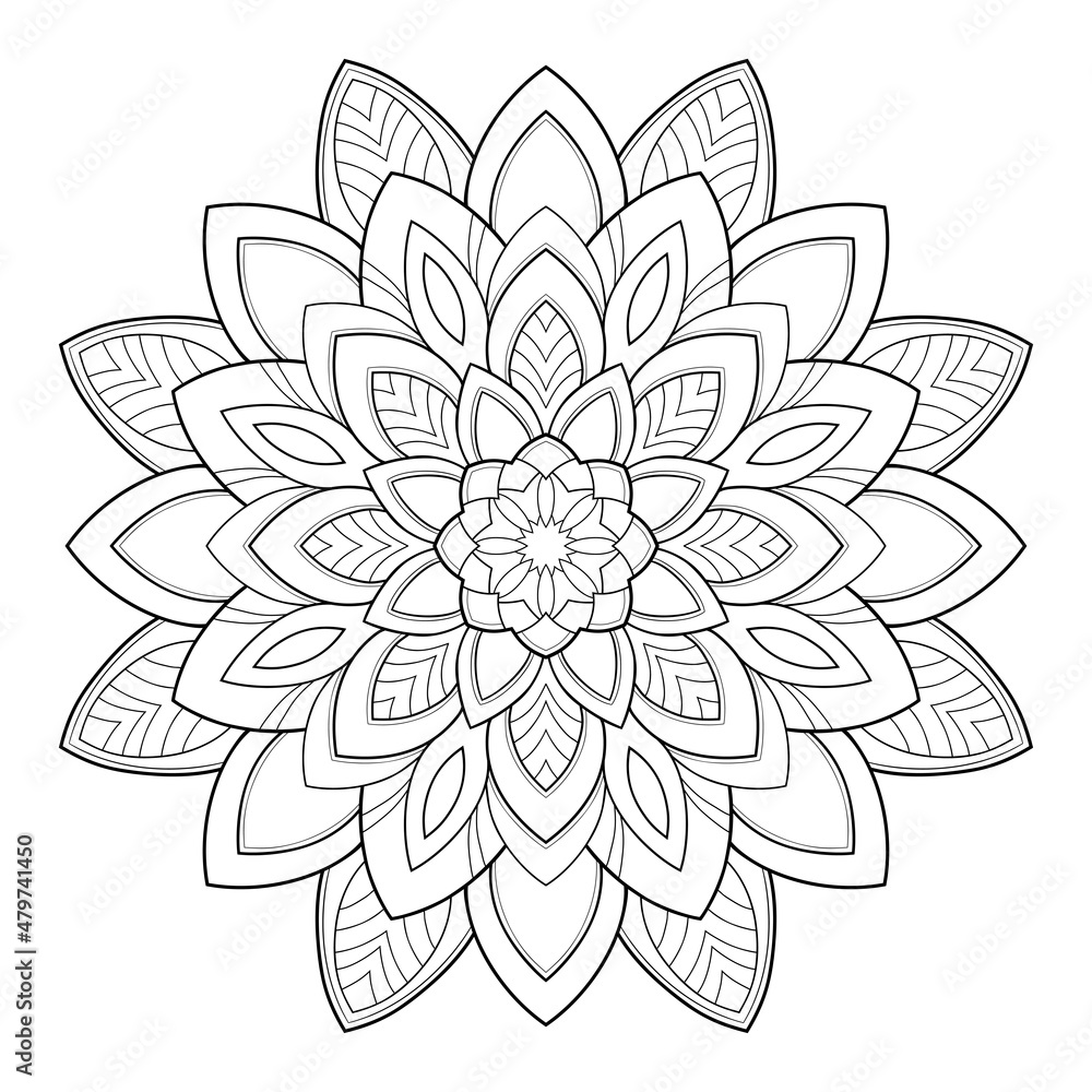 Floral mandala with simple pattern on a white isolated background. For coloring book pages. Floral mandala with simple pattern on a white isolated background. For coloring book pages.