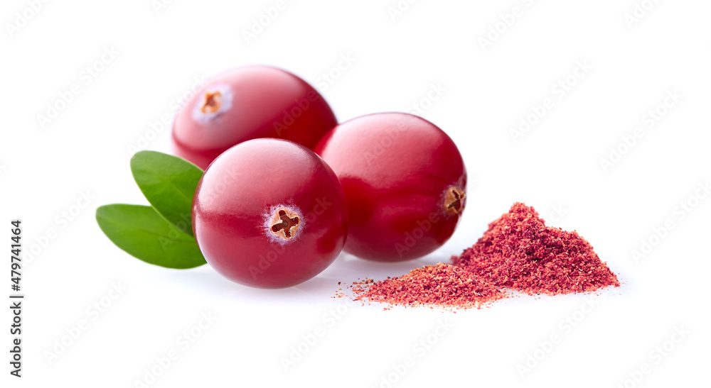 Fresh cranberry with powder on white background Fresh cranberry with powder on white background