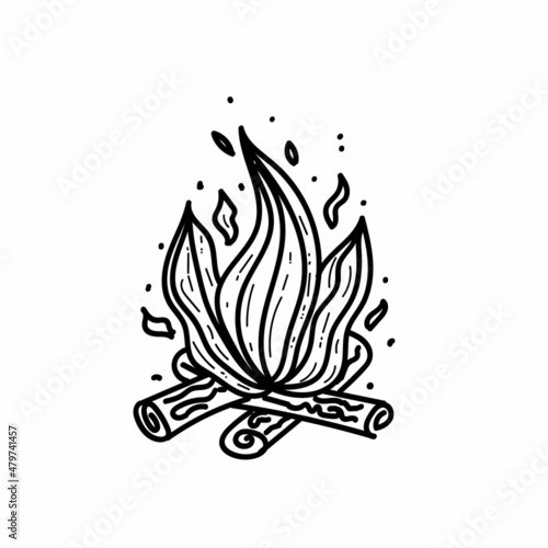 Hand-drawn fire. Fire and logs. Doodle sketch style. Drawing a line of a simple campfire icon. Isolated vector illustration.