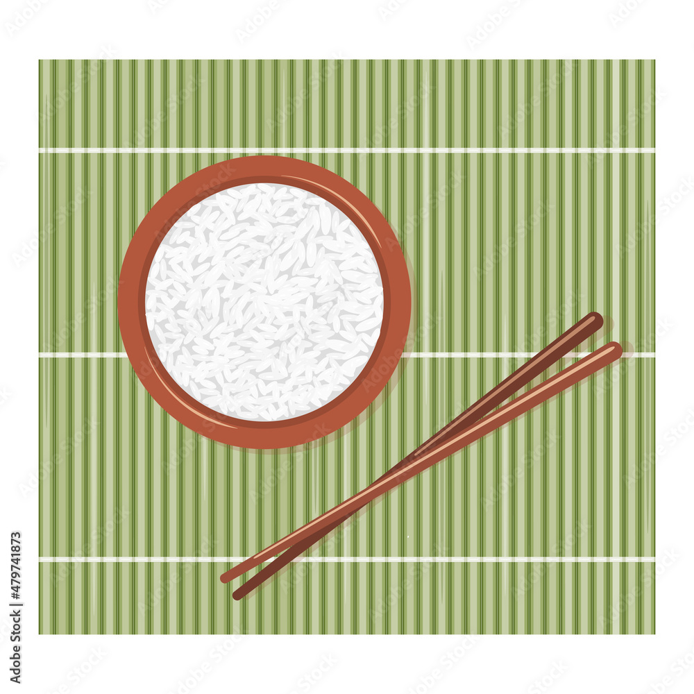 Cooked rice in a brown bowl on a green bamboo rug with Chinese chopsticks. Cooked rice in a brown bowl on a green bamboo rug with Chinese chopsticks.