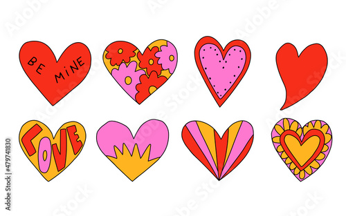 vector set of vibrant psychedelic valentines.Hippie collection hearts for valentine's day.Punk rock style 70s and 80s.Stories social media stickers.Romantic heart shapes in funky and groovy style