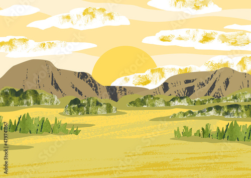 Africa. Savanna landscape with sunset. Bright nature hand draw vector Illustration with mountain, trees, bushes, clouds and sun. Collage with watercolor texture