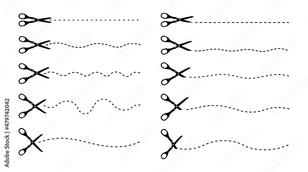 Set of cutting scissors on white background. Vector scissors cut paper on dotted line in flat style. Set of cutting scissors on white background. Vector scissors cut paper on dotted line in flat style.