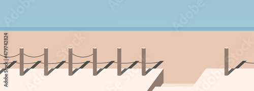 Abstract surreal geometric landscape - a sunny day with a cloudless sky, sand, stairs, fence and contrast shadows. Vector minimalism flat illustration in pastel colors. 