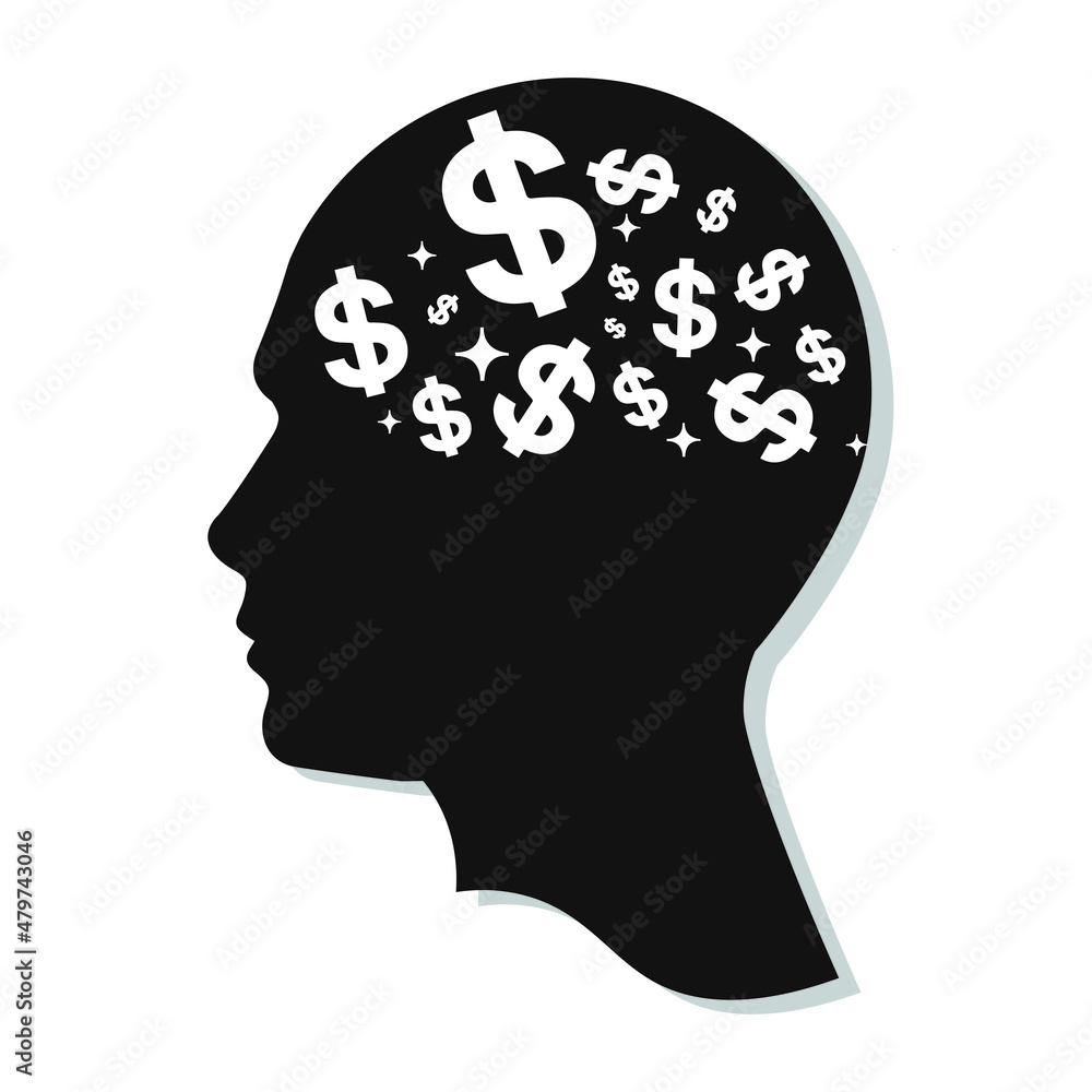 Money addiction and oniomania are people’s uncontrollable passion for shopping. Thoughts about money. Vector illustration Money addiction and oniomania are people’s uncontrollable passion for shopping. Thoughts about money. Vector illustration