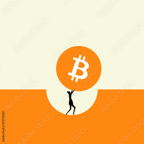 Business concept with bitcoin. Bitcoin as a volatile and unstable cryptocurrency will crash and fall. Vector illustration.