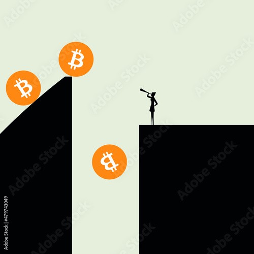 Business concept with bitcoin. Bitcoin as a volatile and unstable cryptocurrency will crash and fall. Vector illustration.