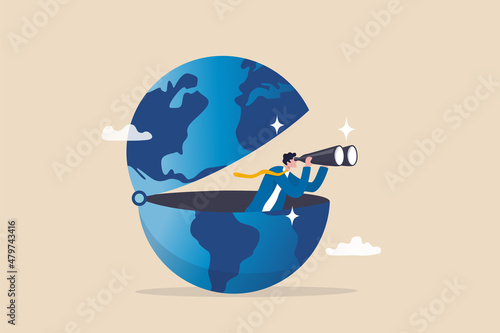 World economic vision or international opportunity for business, work or investment, searching for oversea business concept, smart businessman open globe using binoculars looking for future vision. photo