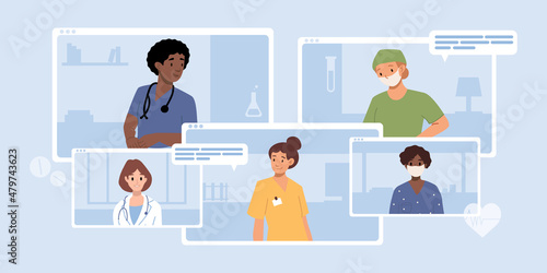 Browser window, computer screen with therapist, hospital staff team. Video call meeting in messenger, online consultation. Banner template. Ask doctor. Medical advise, chat service, telemedicine
