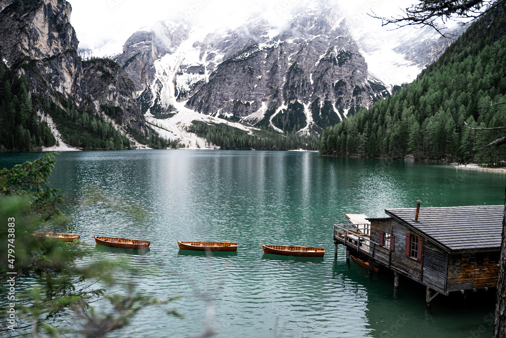 Lago di braies in italy with beautiful little boats Lago di braies in italy with beautiful little boats