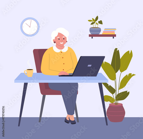 Grandmother using computer. Vector flat style illustration