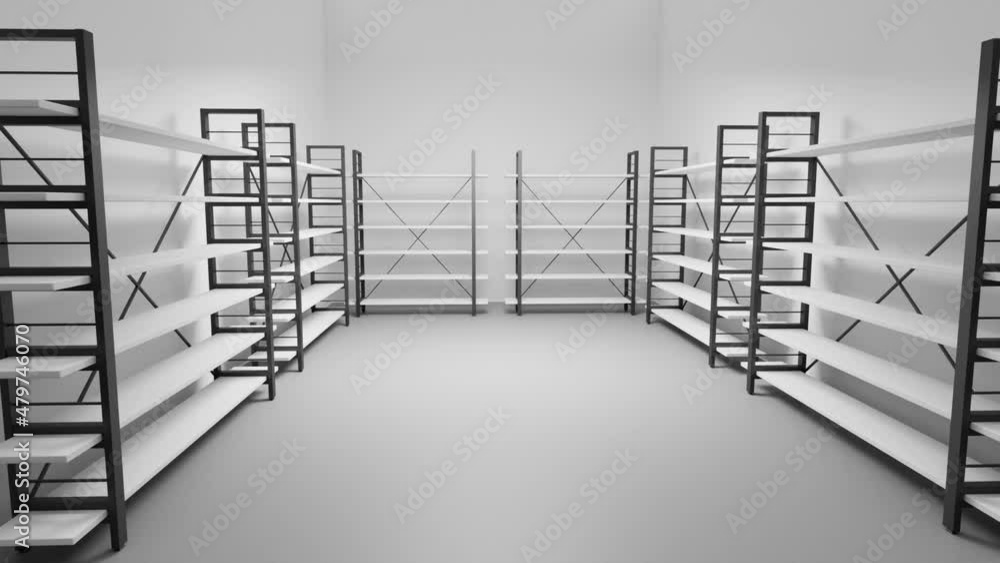 Cold room in warehouse with empty racks, white shelves on metal base ...