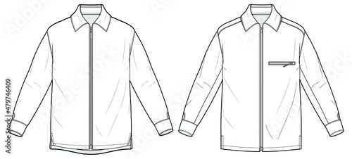 mens long sleeve zip front collar shirt flat sketch vector illustration
