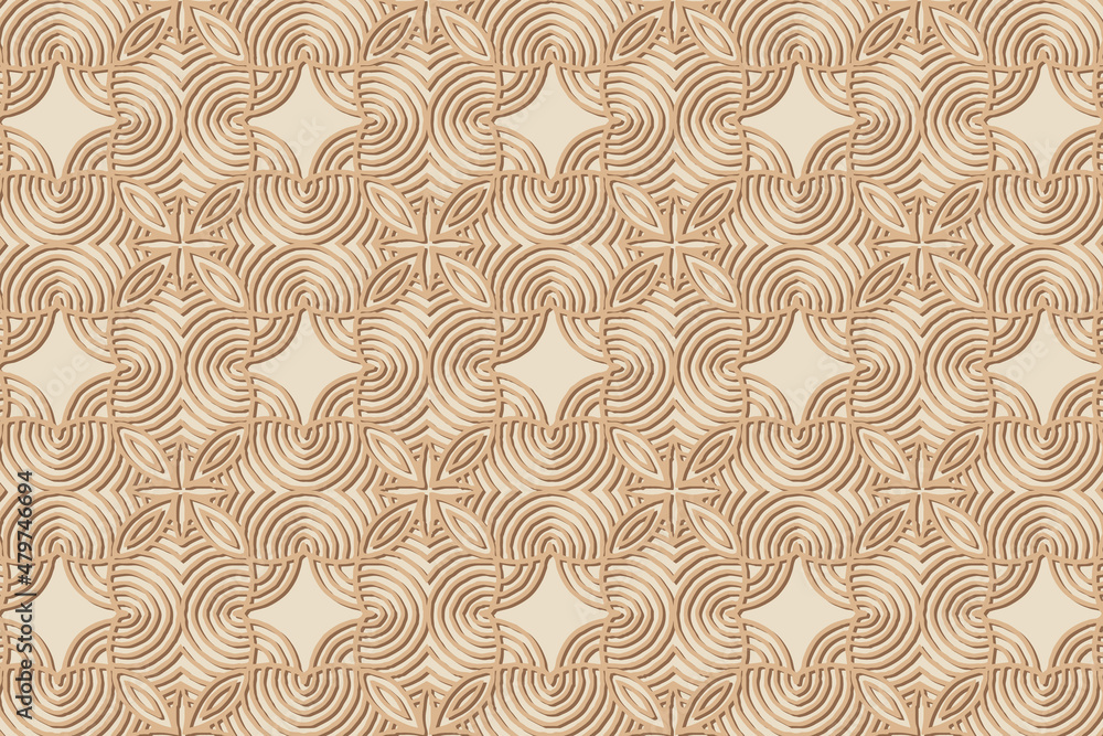 Embossed exotic beige background, cover design. Geometric modern 3D pattern, handmade style. Ethnic creativity of the peoples of the East, Asia, India, Mexico, Aztec. Embossed exotic beige background, cover design. Geometric modern 3D pattern, handmade style. Ethnic creativity of the peoples of the East, Asia, India, Mexico, Aztec.