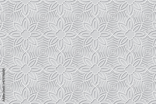 Embossed exotic white background, floral cover design. Geometric 3D pattern, handmade style. Ethnic creativity of the peoples of the East, Asia, India, Mexico, Aztec.