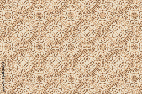 Embossed exotic beige background, cover design. Geometric openwork 3D pattern, handmade style. Ethnic creativity of the peoples of the East, Asia, India, Mexico, Aztec.