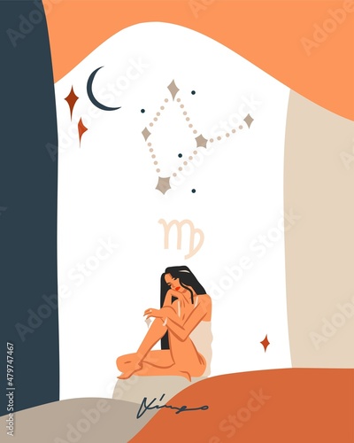 Hand drawn vector abstract stock graphic simple astrology celestial illustration art with modern,collage artistic contemporary print template of boho zodiac sign Pisces with female character.