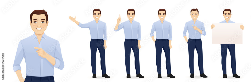 © Volha Hlinskaya - Young business man in blue shirt different gestures set isolated vector illustration