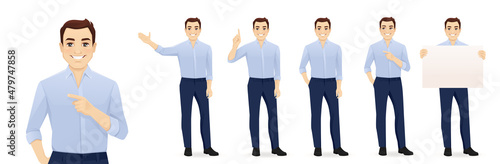 Young business man in blue shirt different gestures set isolated vector illustration photo