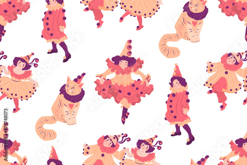 Seamless pattern with children in carnival costumes and funny cat in cap. Vector illustration.