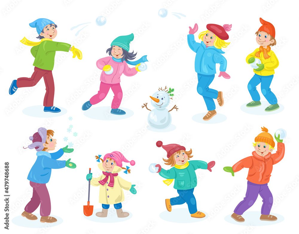 Happy children playing in winter. In cartoon style. Isolated on white background. Vector flat illustration. Happy children playing in winter. In cartoon style. Isolated on white background. Vector flat illustration.