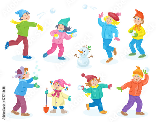 Happy children playing in winter. In cartoon style. Isolated on white background. Vector flat illustration.