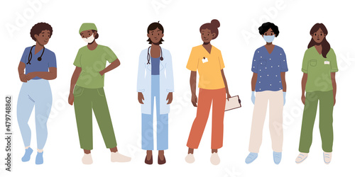 Medical consultation and support set. Diverse female doctor with face mask and stethoscope. Healthcare services, Ask a doctor. Nurse, surgeon, therapist uniform. Hospital staff. Frontline coronavirus