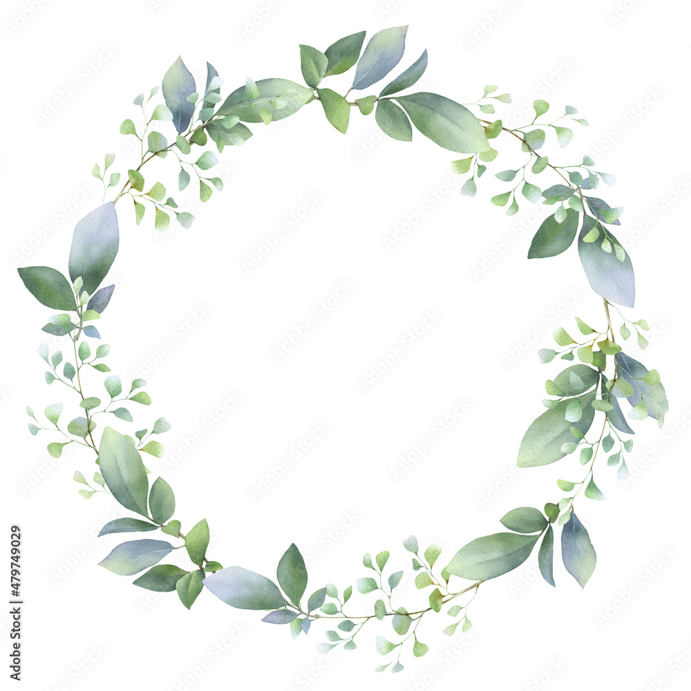 Floral wreath with green herbs and leaves hand drawn in watercolor isolated on a white background. Watercolor floral frame. Watercolor illustration.	