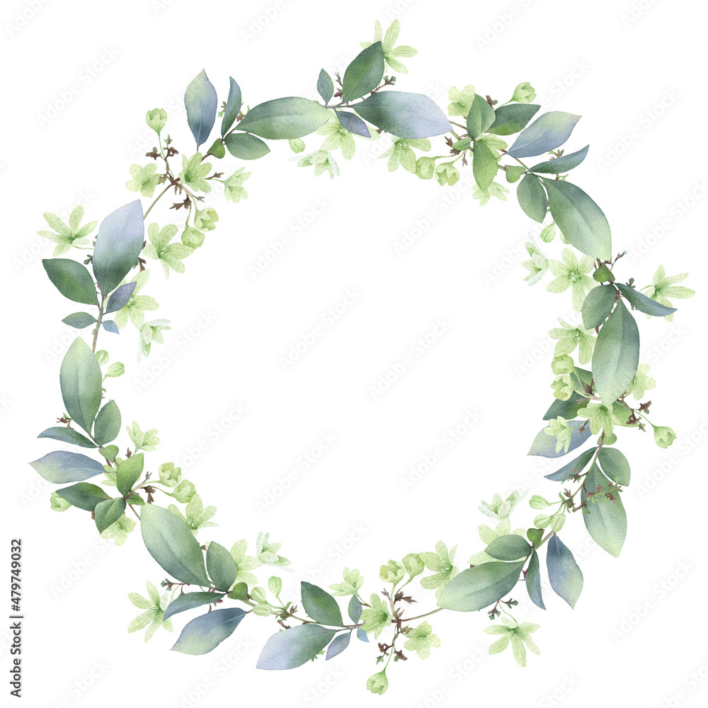 Floral wreath with green flowers and leaves hand drawn in watercolor isolated on a white background. Watercolor floral frame. Watercolor illustration.	