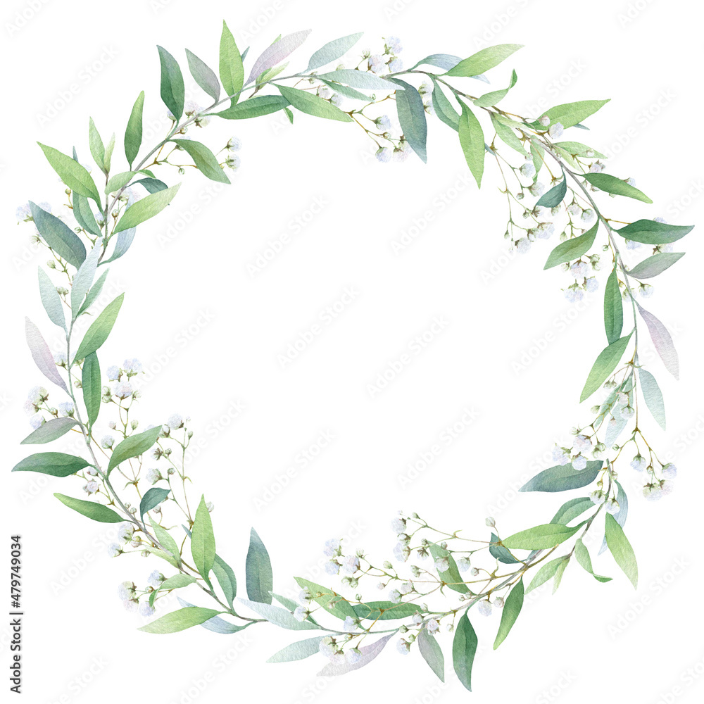 Floral wreath with green leaves and gypsophila flowers hand drawn in watercolor isolated on a white background. Watercolor floral frame. Watercolor illustration.	