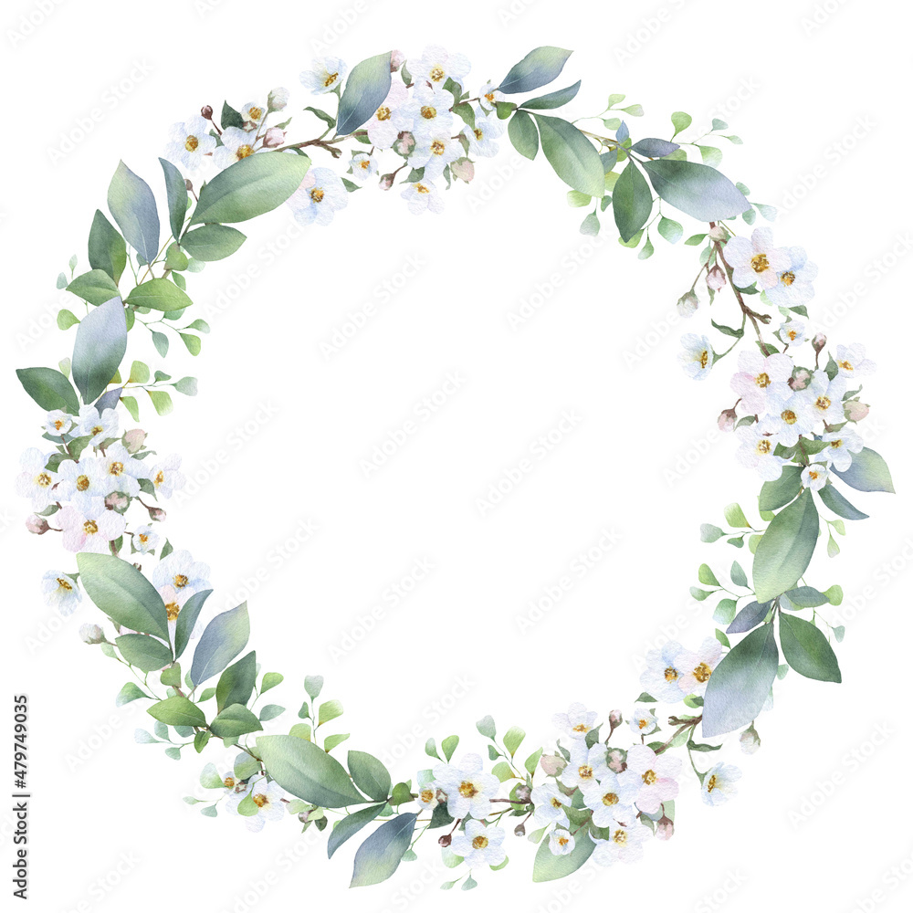 Floral wreath with white flowers, herbs and leaves hand drawn in watercolor isolated on a white background. Watercolor floral frame. Watercolor illustration.	