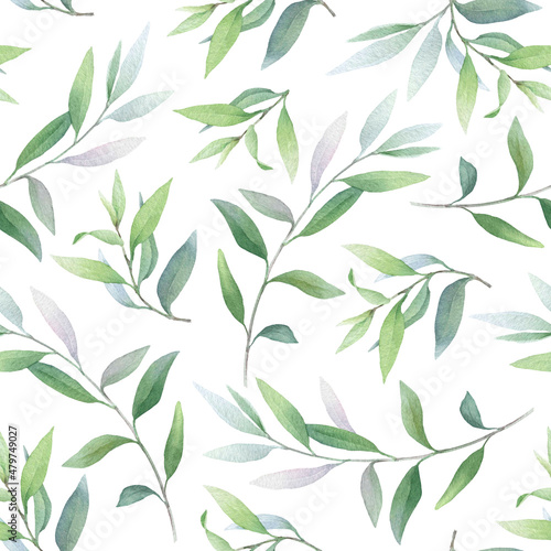 Seamless floral pattern of the green leafed branches hand drawn in watercolor isolated on a white background. Watercolor floral pattern. 