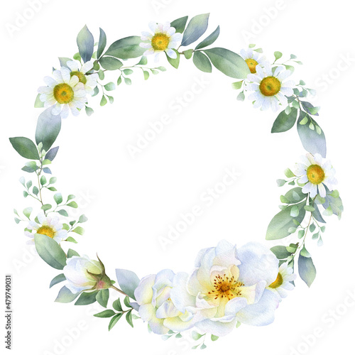 Floral wreath with white roses, chamomile, green leaves and herbs hand drawn in watercolor isolated on a white background. Watercolor floral frame. Watercolor illustration. 