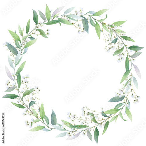 Floral wreath with green leaves and gypsophila flowers hand drawn in watercolor isolated on a white background. Watercolor floral frame. Watercolor illustration. 